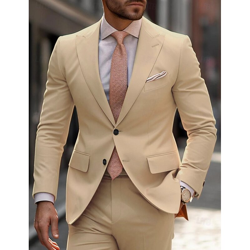 Men's Wedding Party Suits Peaked Lapel Orange Khaki Fashion Business Solid Colored Tailored Fit 2 Piece Single Breasted Two-buttons