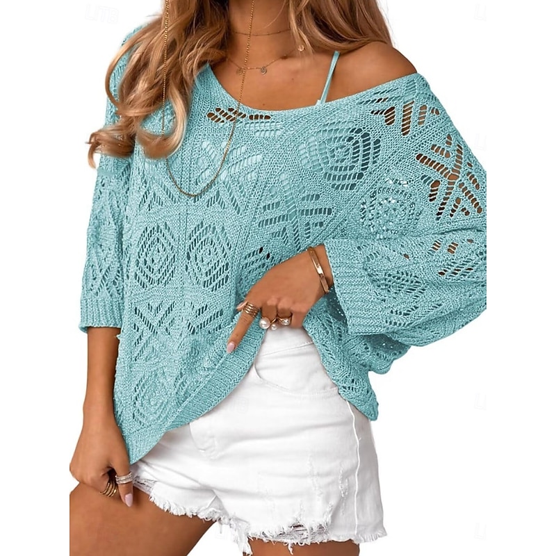 Women's Sweater Casual Soft Pure Color Ribbed V Neck Knitted Hole 3/4 Length Sleeve Regular Tops Knit Outdoor Daily Weekend Green Light Blue Summer Spring
