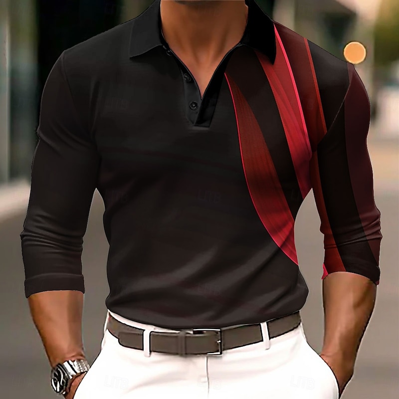 Men's Polo Shirts Golf Shirt Long Sleeve Polo Shirts Collared Shirts Casual Business Casual Dailywear Athleisure 3D Print Buttons Spring Fall Winter White Red Blue