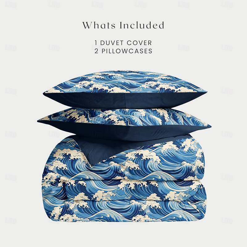 Ocean Wave Duvet Cover Set Soft Microfiber Bedding Vibrant Wave Design Includes Duvet Cover and Pillowcases Fade-Resistant, Zipper Closure, Machine Washable Queen, King, Twin Sizes Coastal Beach Theme2