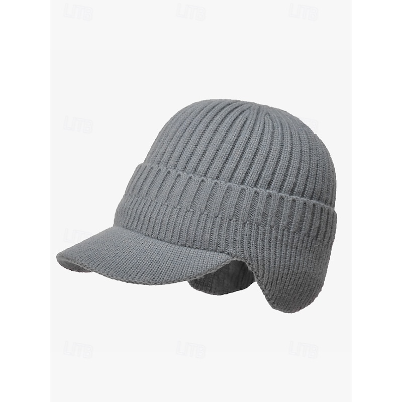 Men's Knit Winter Hat with Visor and Ear Flaps - Warm Ribbed Beanie Cap for Outdoor Activities and Casual Wear4