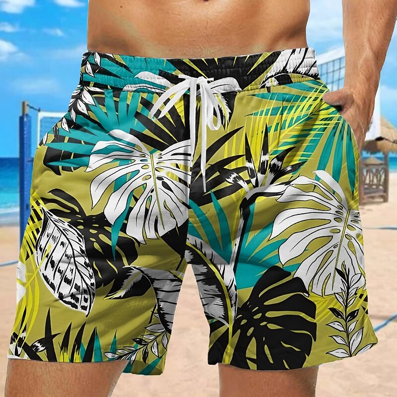 Men's Leaf Coconut Tree Print Swim Trunks Swim Shorts Board Shorts Mid Waist Fashion Streetwear Designer Casual Daily Holiday Pocket Drawstring Elastic Waist Designer Clothing Apparel