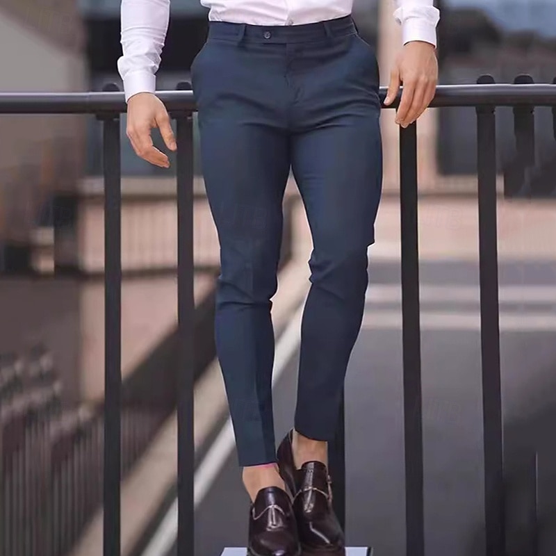 Men's Dress Pants Trousers Chinos Buttons Pocket Plain Comfort Ankle-Length Formal Party Work Fashion Classic Style Black Navy Blue Micro-elastic