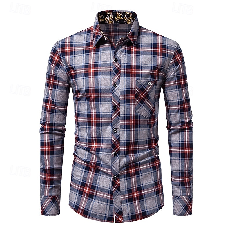 Men's Shirt Summer Shirt Casual Shirt Button Up Shirt Checked Shirts Red Blue Long Sleeve Plaid Lapel Vacation Holiday Button-Down Clothing Apparel Polyester Fashion Casual Comfortable2
