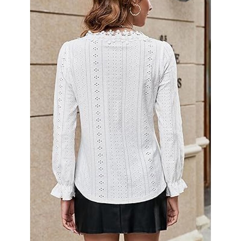 Women's Shirt Blouse Solid Color Basic Casual Long Sleeve V Neck Regular Tops Daily Lace Patchwork White Pink Green Spring Fall3