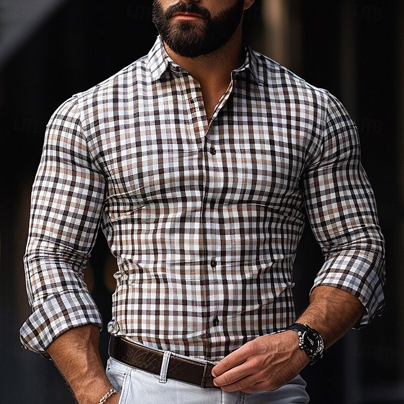 Men's Grid / Plaid Patterns Casual Shirt Button Up Shirt Long Sleeve Casual Business Casual Causal Casual Spring Fall Turndown Button Up White