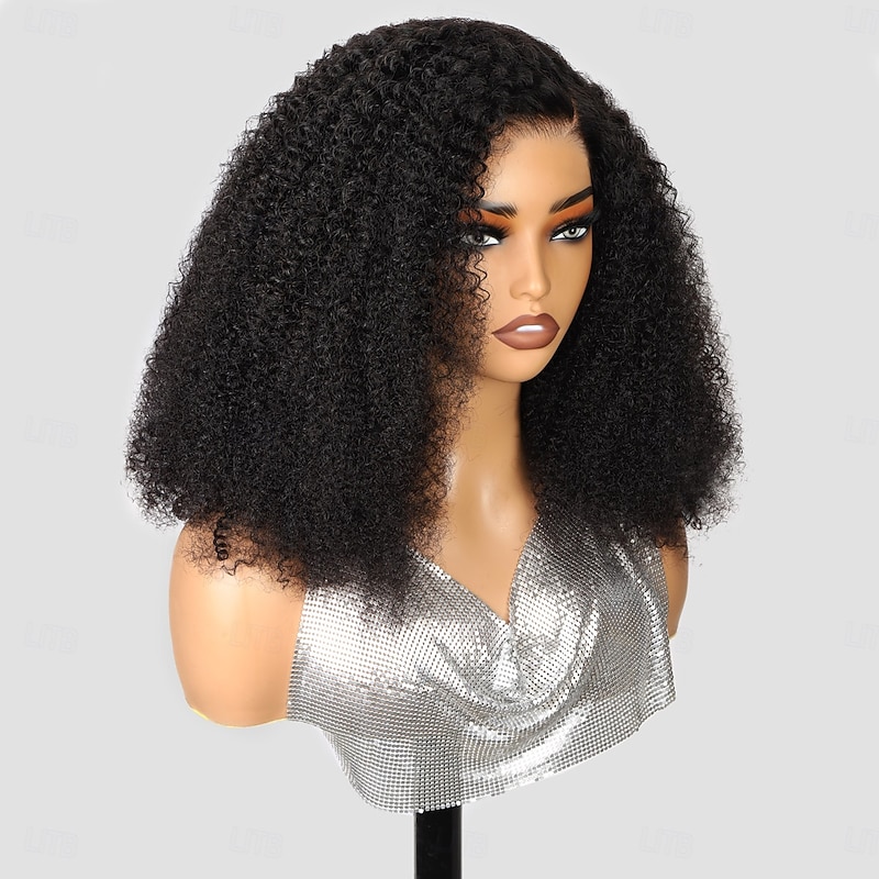 5*5 Human Hair Lace Wig Natural Color Kinky Curly Lace Wig 200% Density