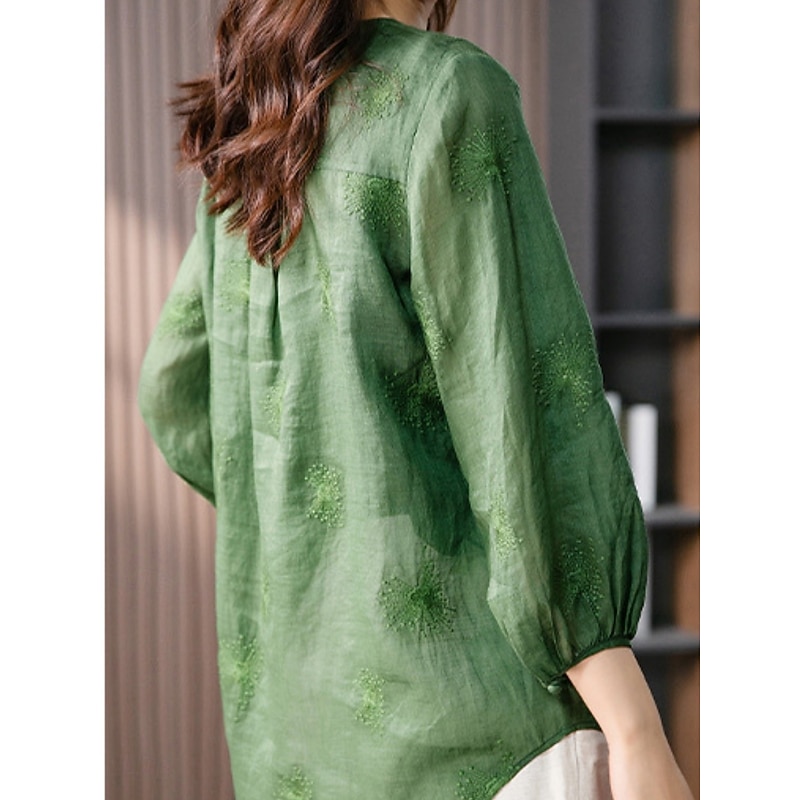 Women's Shirt Linen-Inspired Shirts Button Up Blouse Solid Color Basic Casual Long Sleeve V Neck Regular Tops Daily Buttons Green Summer Spring Fall4