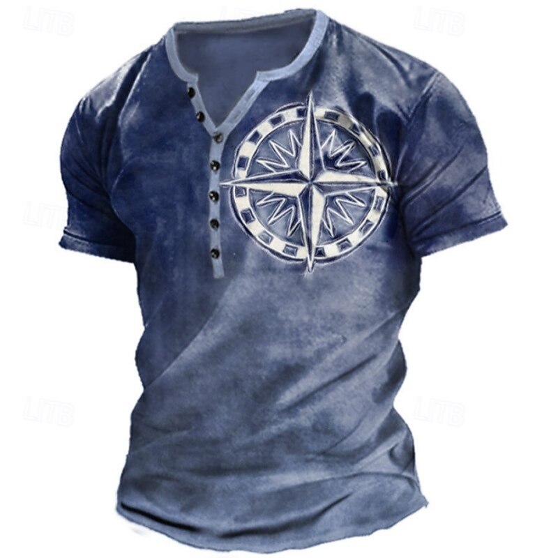 Men's Graphic Compass Henley Shirt Short Sleeve Fashion Retro Vintage Comfortable Outdoor Daily Spring & Summer Blue Henley T-Shirt