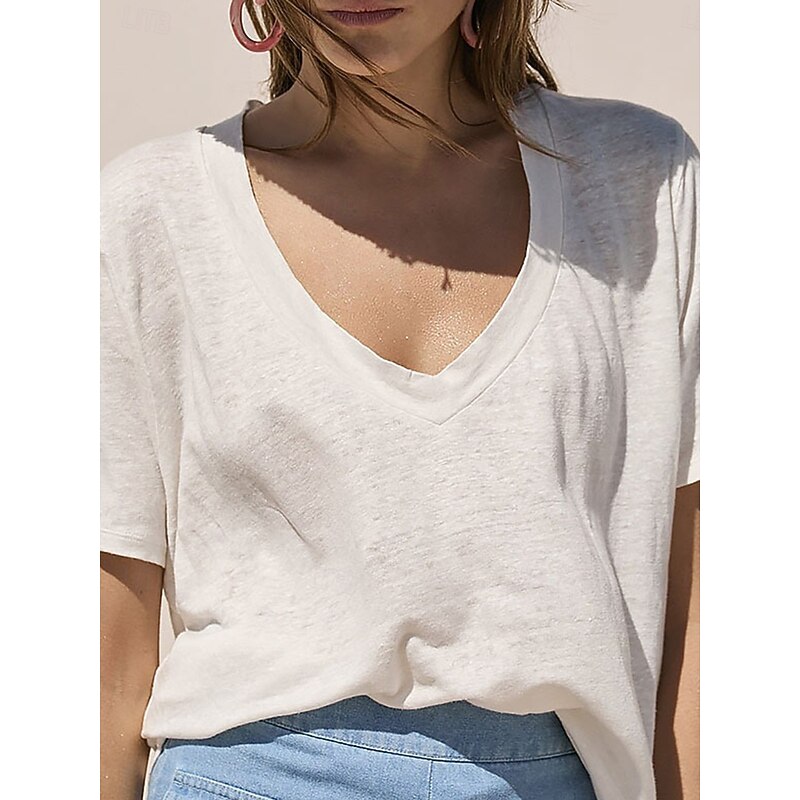 Women's Blouse Solid Color Basic Casual Short Sleeve V Neck Regular Tops Daily Lace Ruffle Patchwork Black White Brown Summer Spring