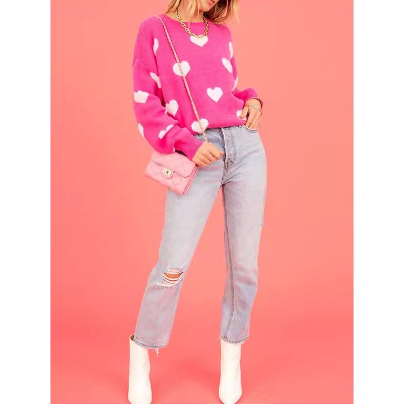 Women's Valentine Sweater Casual Soft Heart Graphic Ribbed Crew Neck Knitted Long Sleeve Regular Tops Knit Outdoor Daily Weekend Red Fall Winter2