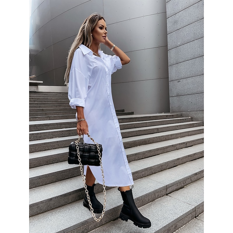 Women's Shirt Dress Midi Dress Buttons Split Thigh Casual V Neck Long Sleeve Black White Blue Color