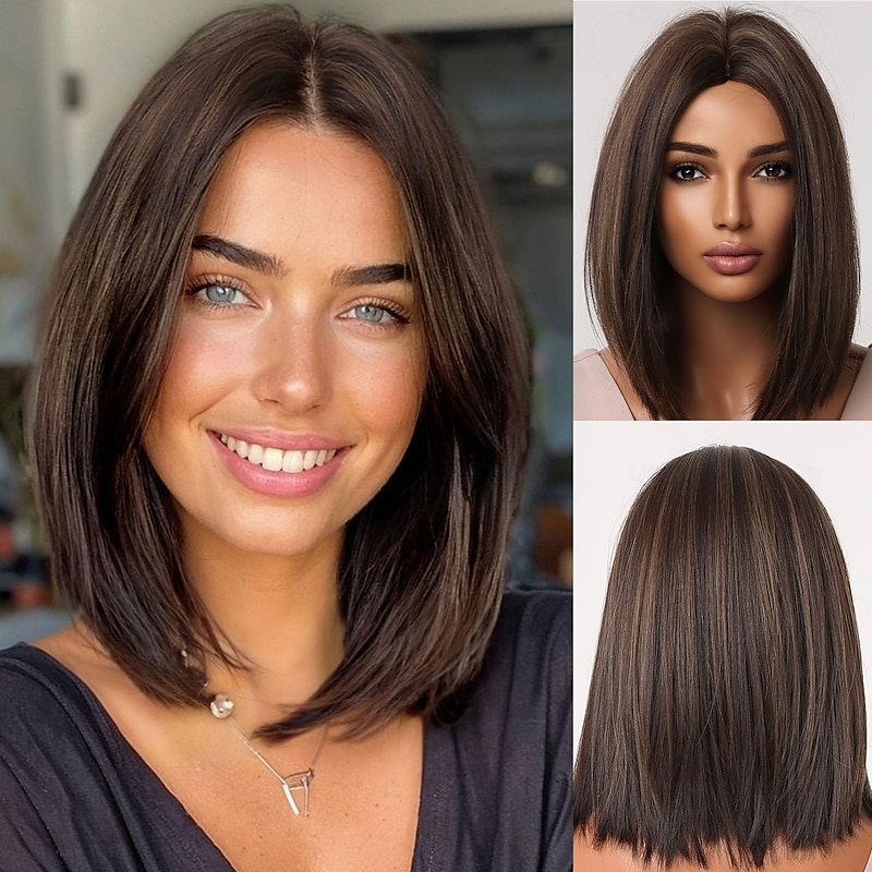 Bob Wigs for Women,Brown Mid Length Wig with Highlights,Short Straight Bob Wig, Brown Middle Part Synthetic Wig2