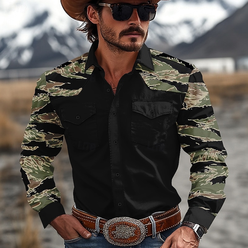 Men's Camo Camouflage Western Shirt Cowboy Shirt Long Sleeve Western Casual Outdoor Spring Fall Turndown 2 Pockets Black Brown Green Khaki3