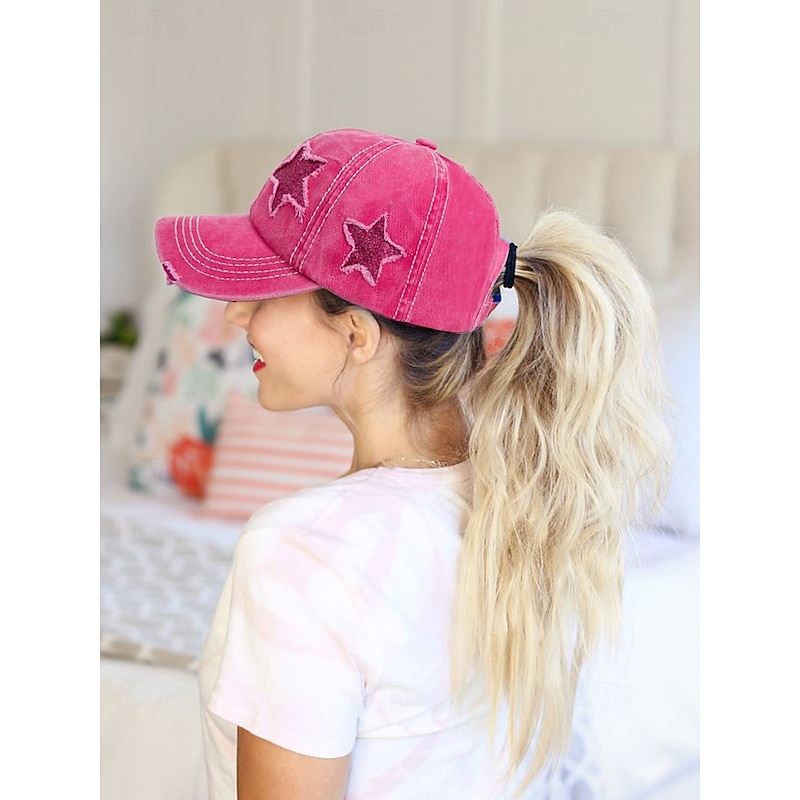 Women's Distressed Baseball Cap with Star Embroidery, Ponytail Hole Design, Adjustable Vintage Style Hat for Outdoor Activities, Sports, and Casual Wear3