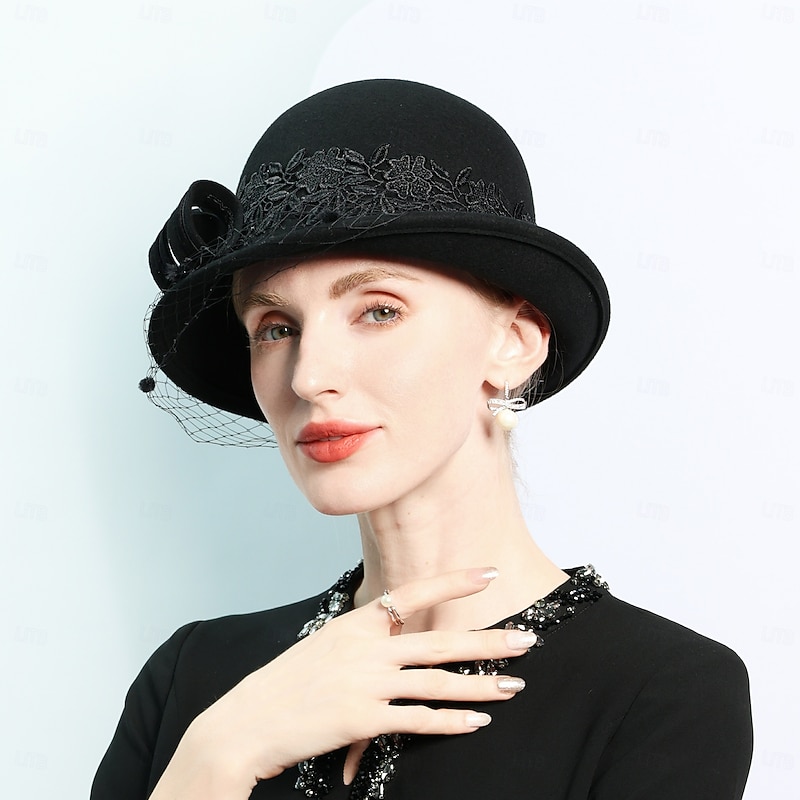 Hats 100% Wool Bowler / Cloche Hat Bucket Hat Top Hat Tea Party Elegant Wedding With Lace Ribbons Headpiece Headwear2