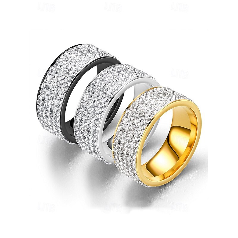 Men's Wide Band Rings with Full Rhinestone Pave, Stainless Steel in Gold, Silver, and Black Finishes, Luxury Jewelry for Parties, Weddings, and Formal Occasions