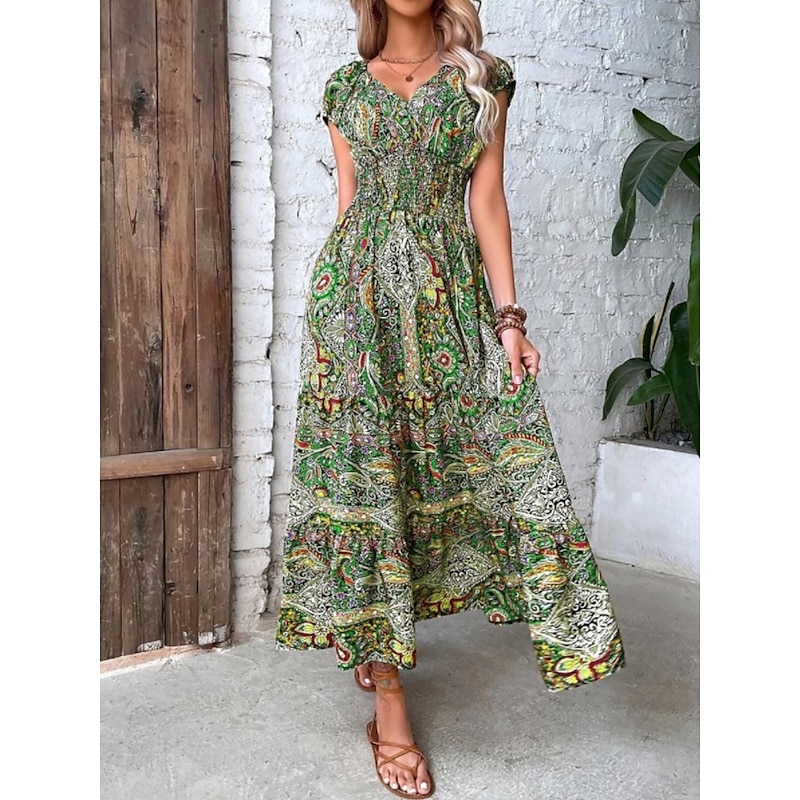 Women's Maxi Dress Casual Dress Swing Dress A Line Dress Boho Dress Bohemia Ethnic Casual Daily Regular Fit Paisley Short Sleeve V Neck Blue Summer Spring4