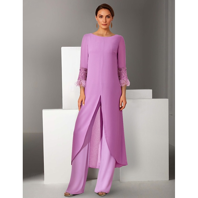Sheath / Column 3 Piece Pantsuit Beach Wedding Mother of the Bride Dress Elegant Vintage Jewel Neck Floor Length Chiffon 3/4 Length Sleeve with Feather Beading