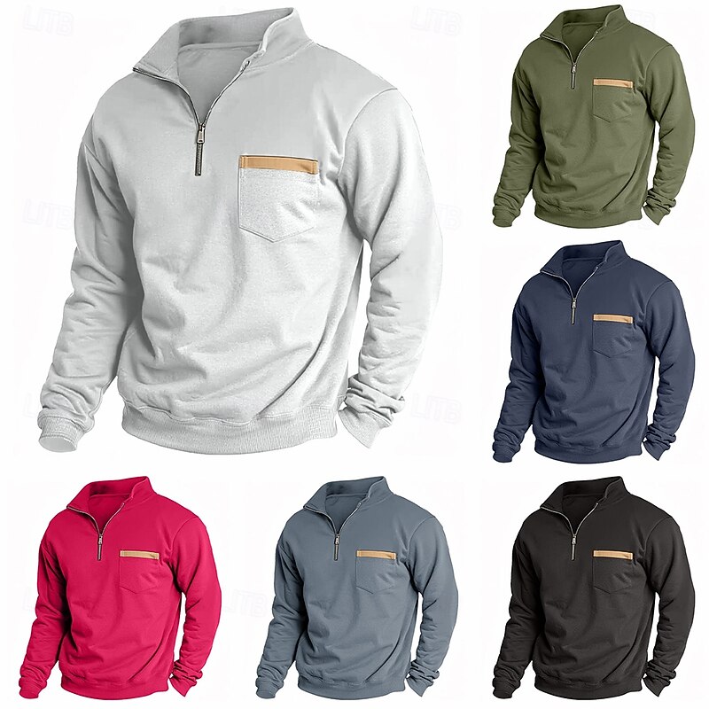 Men's Sweatshirt Quarter Zip Sweatshirt Black Army Green Red Navy Blue Light Grey Half Zip Plain Pocket Sports & Outdoor Daily Holiday Casual Tactical Spring &  Fall Clothing Apparel Hoodies