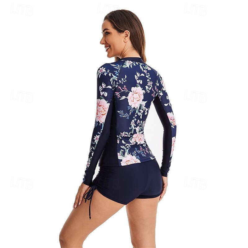 Women's Rash guard Swimsuit UV Sun Protection UPF50+ Lightweight Long Sleeve Spandex Swimwear Swimsuit 2 Piece Front Zip Swimming Surfing Beach Water Sports Floral Summer Spring Autumn4
