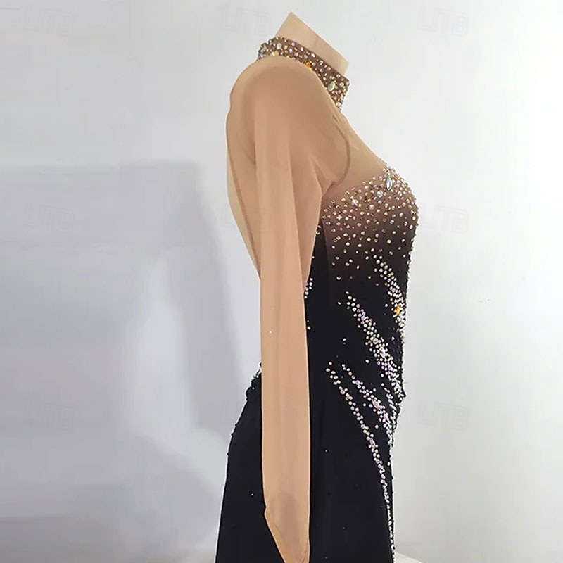Figure Skating Dress Women's Girls' Ice Skating Dress Black High Elasticity Training Competition Skating Wear Classic Crystal / Rhinestone Long Sleeve Ice Skating Figure Skating2