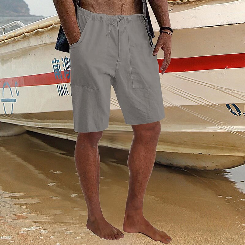Men's Shorts Linen Shorts Summer Shorts Beach Shorts Pocket Drawstring Elastic Waist Plain Breathable Knee Length Outdoor Holiday Beach Vacation Hawaiian Black White4