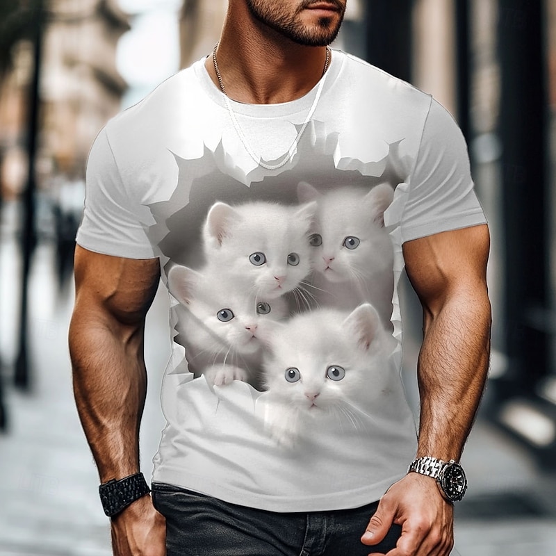 Men's Cat Funny T Shirt Short Sleeve T shirt 3D Print Crew Neck Shirt Exaggerated Designer Party Holiday Light Blue White Khaki Summer Spring Clothing Apparel S M L XL XXL XXXL2