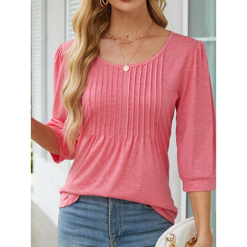 Women's Shirt Blouse Solid Color Basic Casual 3/4 Length Sleeve Crew Neck Regular Tops Daily Ruched Black White Pink Summer Spring3