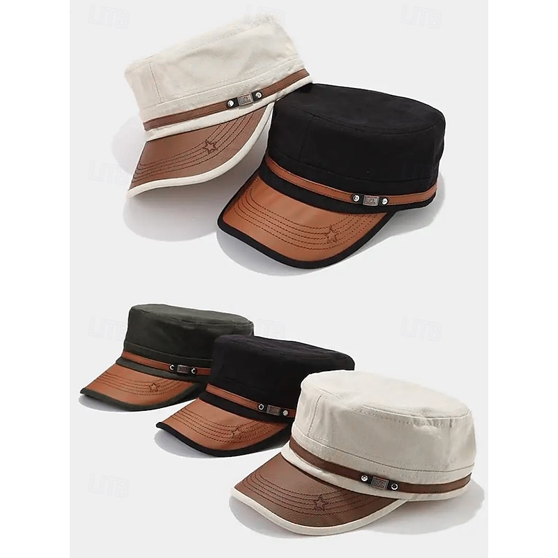 Men's Military Style Polyester Flat Top Cap with Adjustable Strap, Casual Outdoor Sun Hat for Hiking, Travel, and Everyday Wear4