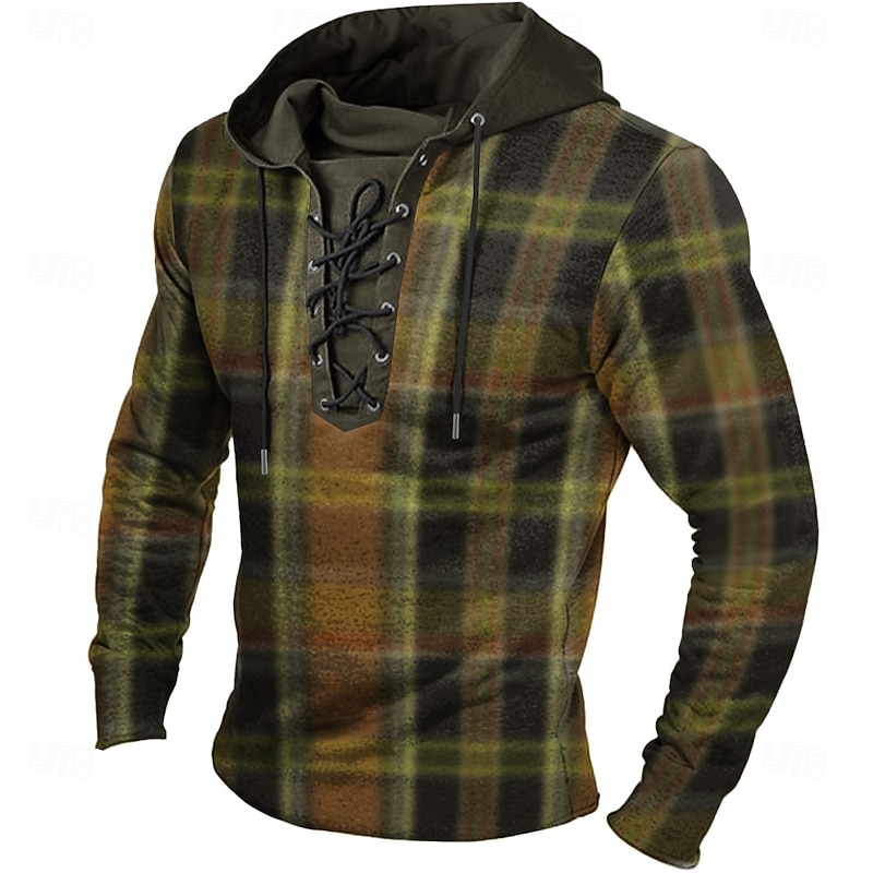 Men's Plaid Hoodies Fashion Cool Long Sleeve Hooded Yellow Red Drawstring Fall Winter Designer4