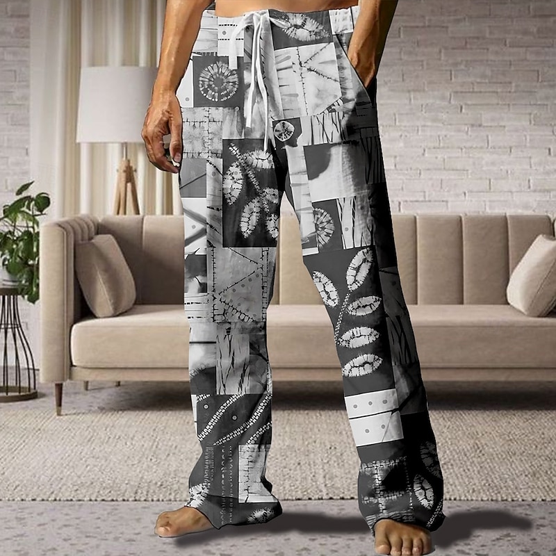 Men's Tie Dye Hawaiian Tropical Pants Trousers Casual Pants Mid Waist Drawstring Elastic Waist Vintage Retro Outdoor Vacation Holiday Straight Leg Trousers Summer Spring 3D Print Navy Blue Brown3