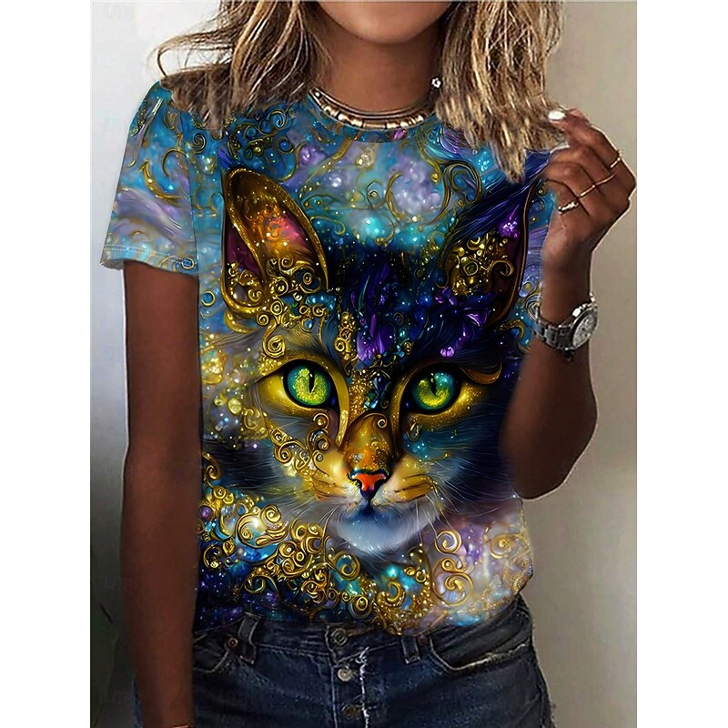 Women's T Shirt Cat Casual Short Sleeve Round Neck Regular Tops Daily Print Blue Summer Spring