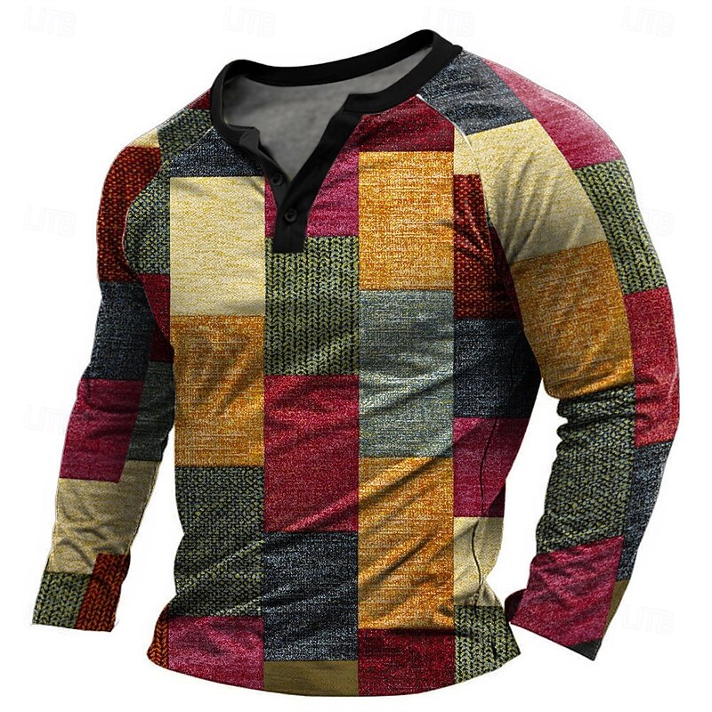 Men's Long Sleeve Henley Shirt, Patchwork Geometric Graphic Design, Casual Bohemian Button Neck Top4
