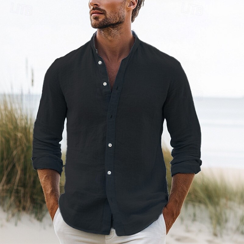Men's Shirt Summer Shirt Button Up Shirt Black White Pink Long Sleeve Plain Band Collar Spring & Summer Vacation Casual Clothing Apparel2