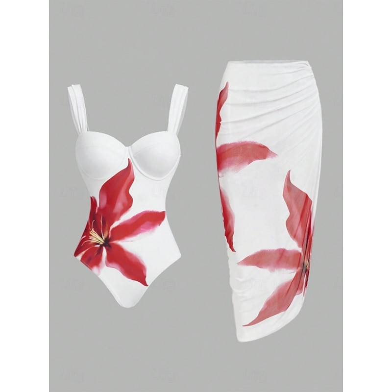 Women's Swimwear One Piece Monokini Swimsuit Backless Tummy Control High Waist Slim Vacation Beach Wear Floral V Neck Sleeveless Bathing Suits