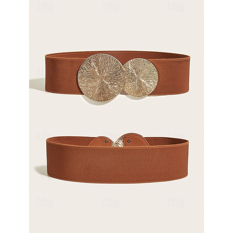 Women's Elastic Waist Belt with Gold Circle Buckle - Fashionable Wide Stretch Belt for Dresses, Casual and Formal Occasions3