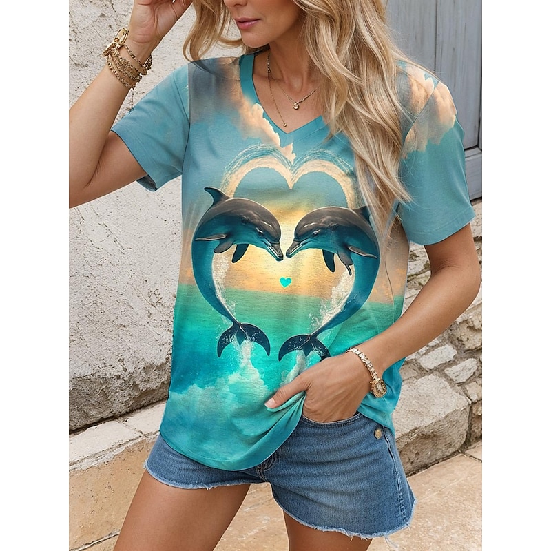 Women's T Shirt Animal Stylish Casual Short Sleeve V Neck Regular Tops Daily Print Blue Summer