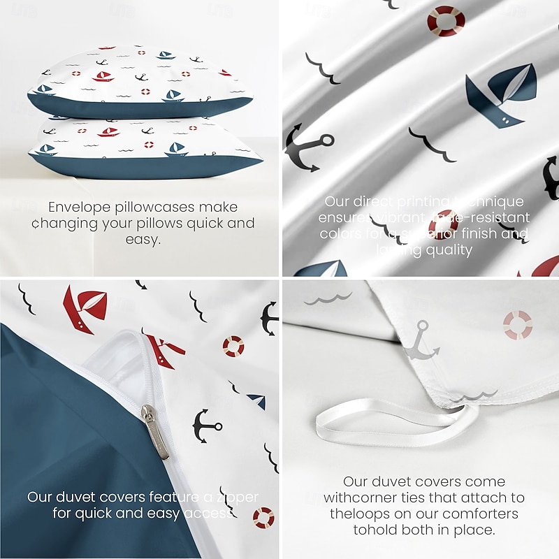 Anchor Duvet Cover Set, Nautical Theme Bedding, Soft Microfiber, Includes Duvet Cover & Pillowcases, Fade-Resistant, Zipper Closure, Machine Washable, Available in Queen, King, and Twin Size3