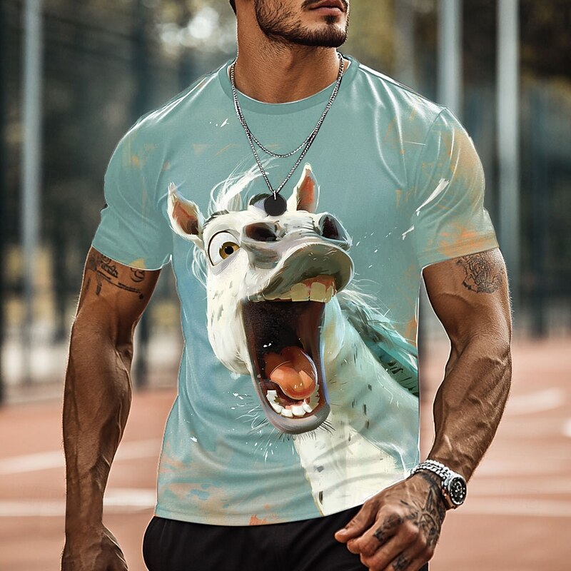Men's Horse Funny T Shirt Short Sleeve T shirt 3D Print Crew Neck Shirt Exaggerated Designer Party Holiday Blue Summer Spring Clothing Apparel S M L XL XXL XXXL