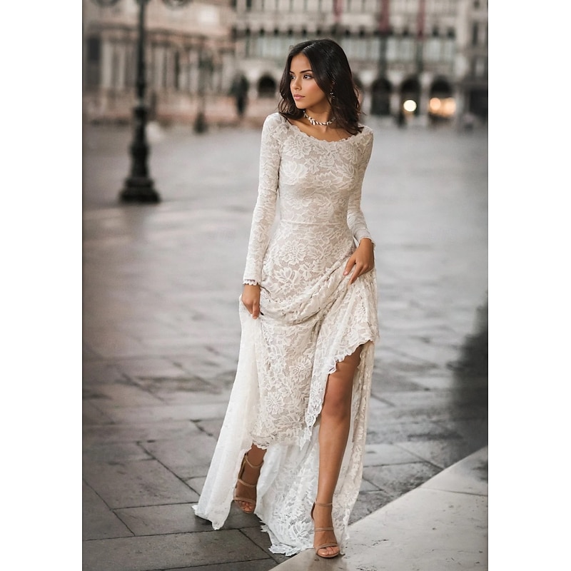 Wedding Dresses A-Line Boat Neck Long Sleeve Court Train Lace Bridal Gowns With Ruched Solid Color