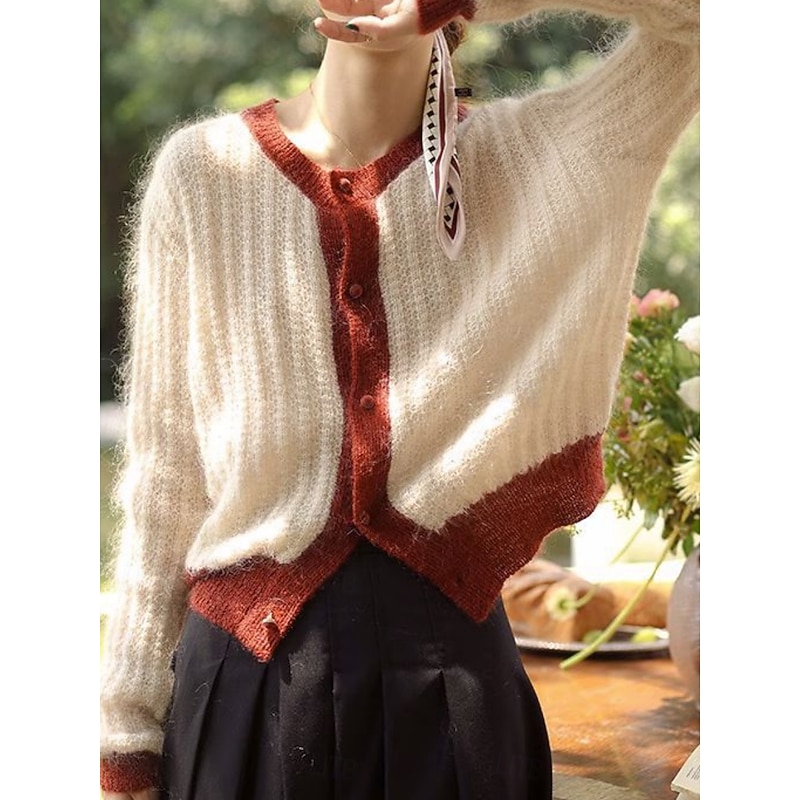 Women's Sweater Cardigan Casual Soft Pure Color Ribbed Crew Neck Buttons Knitted Long Sleeve Regular Tops Knit Outdoor Daily Weekend Green Apricot Fall Winter4