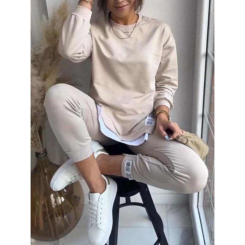 Women's Streetwear Daily T Shirt Chinos Long Sleeve Crew Neck Solid Color Patchwork Outdoor Office Black Beige Gray Spring &  Fall Regular Fit3