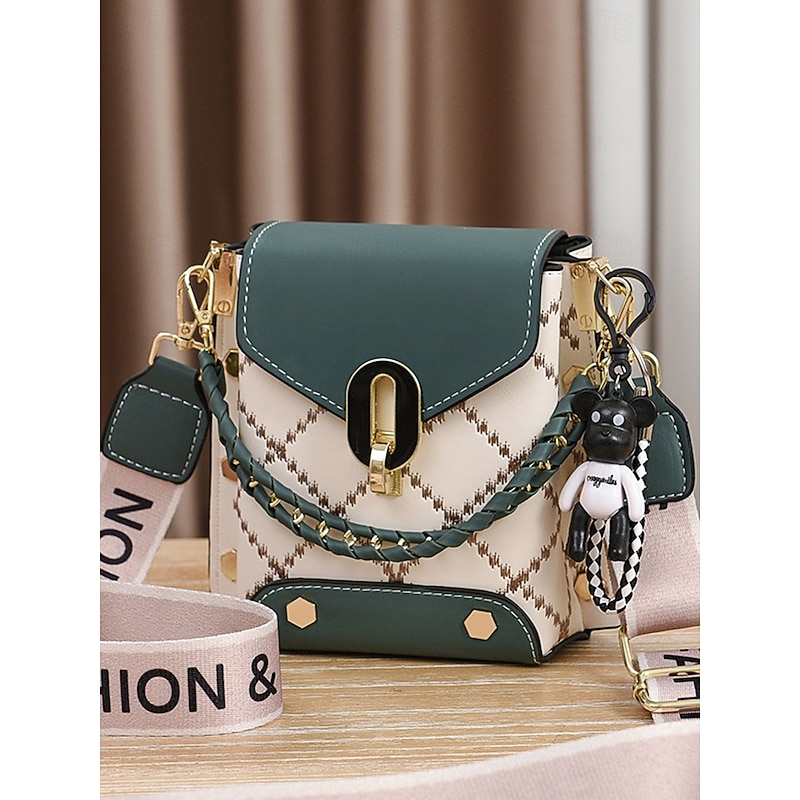 Women's Trendy Plaid Mini Shoulder Bag with Bear Charm, Chain Strap, and Colorblock Design – Perfect for Casual Outings and Daily Use Earth Yellow Black