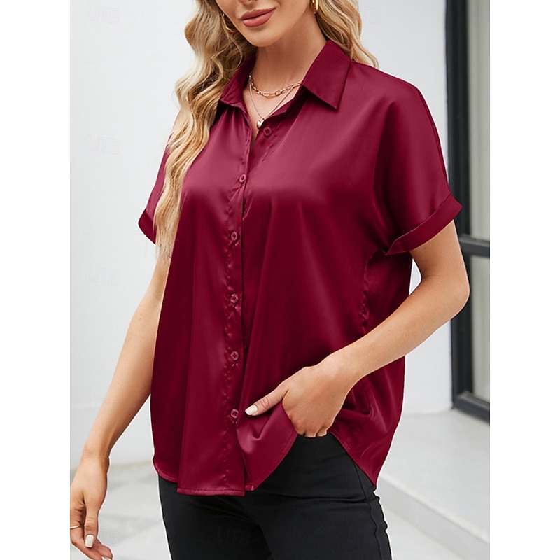 Women's Valentine Shirt Blouse Business Solid Color Regular Tops Short Sleeve Shirt Collar Buttons Regular Fit Work Formal Modern Casual Wear Red Green Gray Summer3