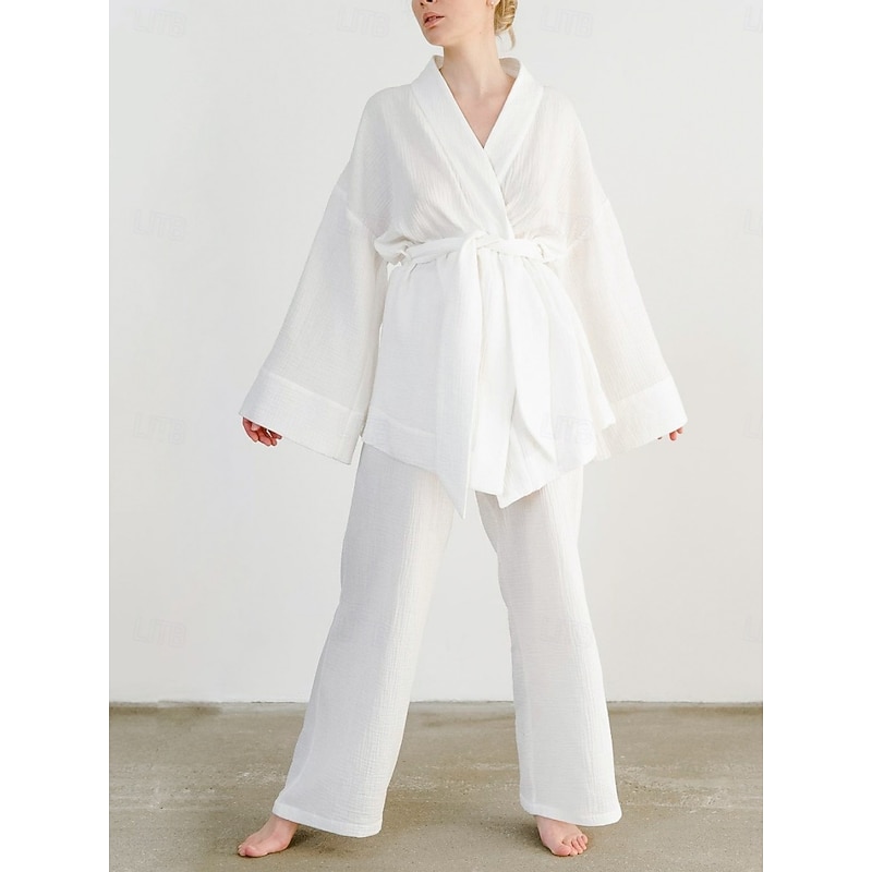 Women's Pajama Set Casual Comfort Pure Color Lace up Elastic Waist Robe Top Pant Home Daily Long Sleeve V Neck White Blue Brown Summer Spring Fall Regular Fit3