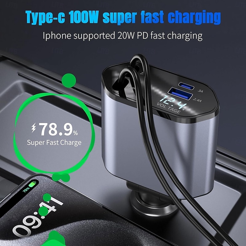 Car Charger 4 in 1 100W Car Charger Dual Retractable Type C Cables and 2 USB Ports Car Charger Compatible
