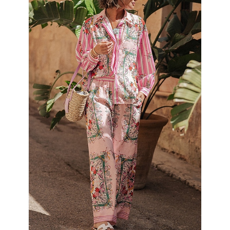 Women's Fashion Streetwear Daily Shirt Blouse Wide Leg Pants Long Sleeve Shirt Collar Floral Color Block Print Casual Daily Pink Spring &  Fall Regular Fit