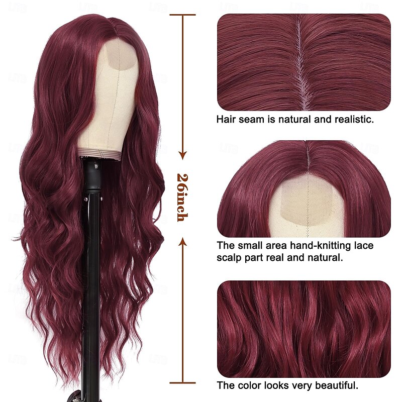 Long Wine Red Wavy Wig for Women 26 Inch Middle Part Curly Wavy Wig Natural Looking Synthetic Heat Resistant Fiber Wig for Daily Party Use (Wine Red)4