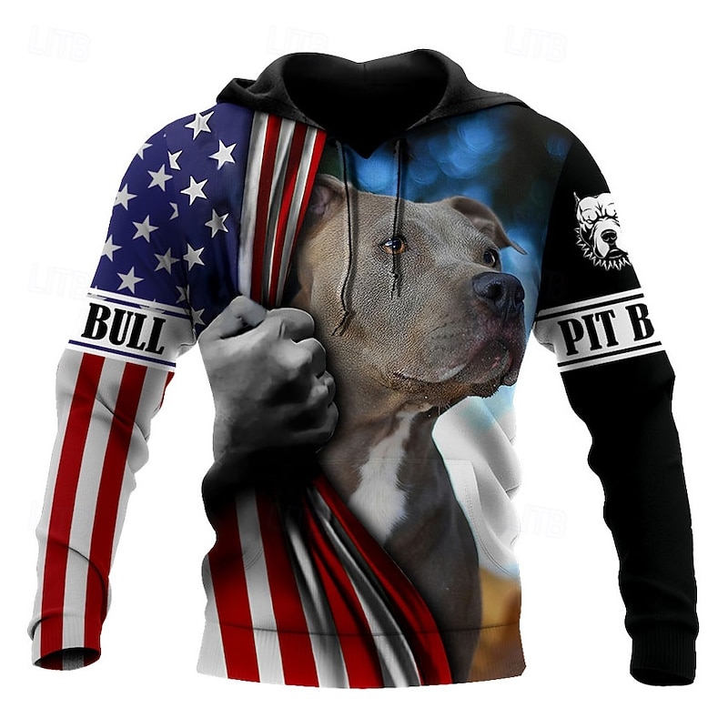 Men's Dog Graphic Prints National Flag Hoodie Hoodies Sweatshirt Streetwear Designer Long Sleeve Hooded Daily Sports Black And White Black Print Spring &  Fall Designer
